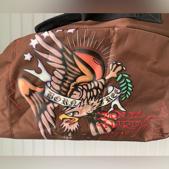 Ed Hardy Vintage Duffel Bag Brown with Colorful Design (Men or Women) - Picture 7 of 9